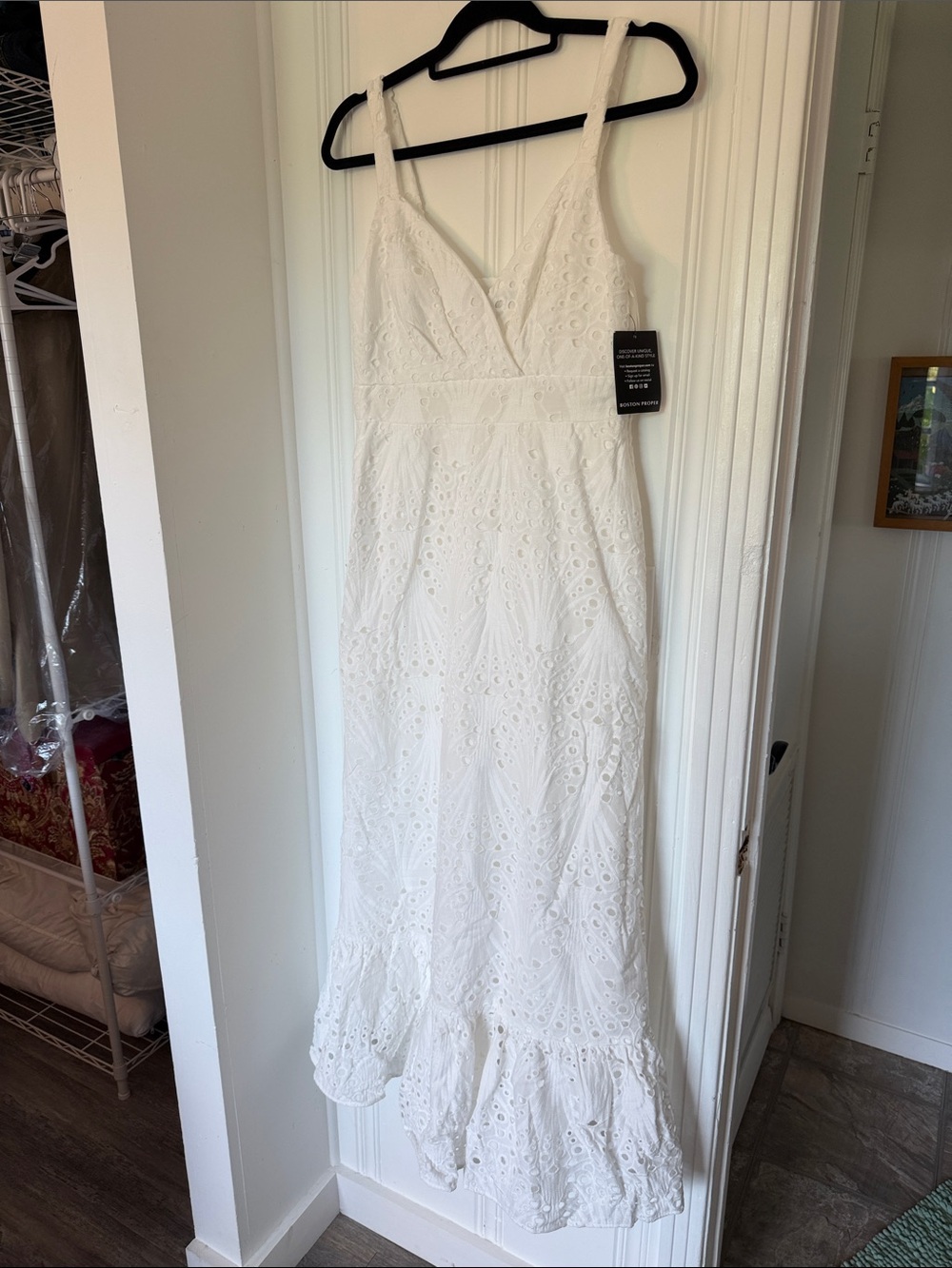Boston Proper White Eyelet V-Neck Maxi Dress with Ruffle Hem